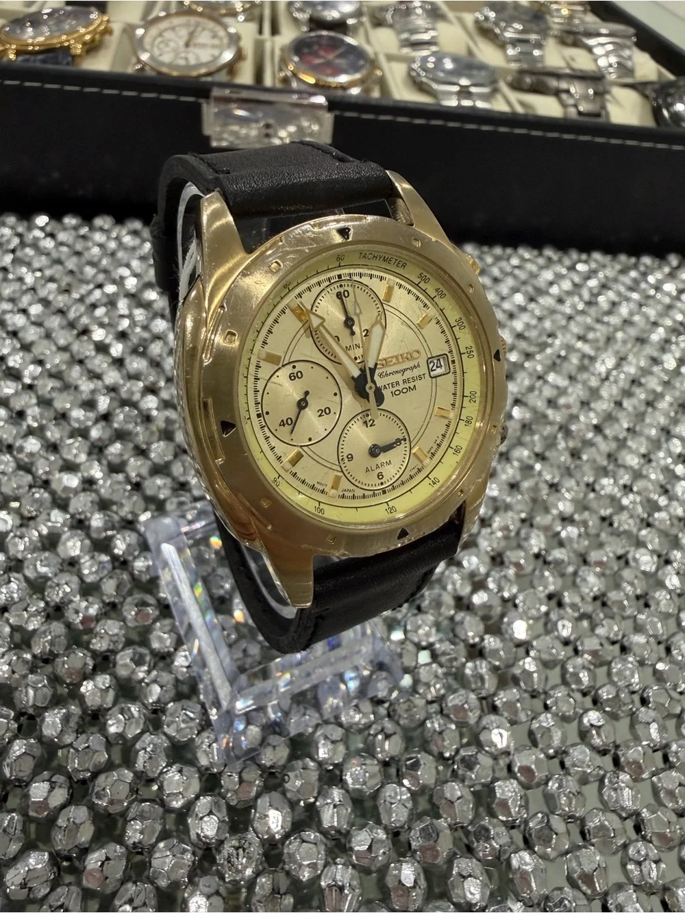 Seiko Gold Chronograph Watch - Gold Dial, Black Strap